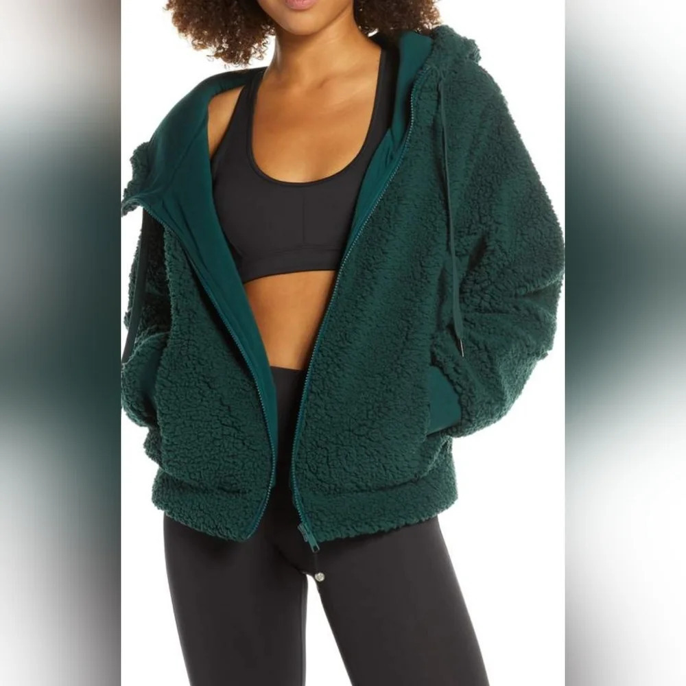 Zella, Farrah Hooded Fleece Jacket,‎ Green Ponderosa, Size Medium
